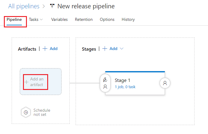 Screenshot of Azure DevOps release pipeline tab with Add an Artifact highlighted